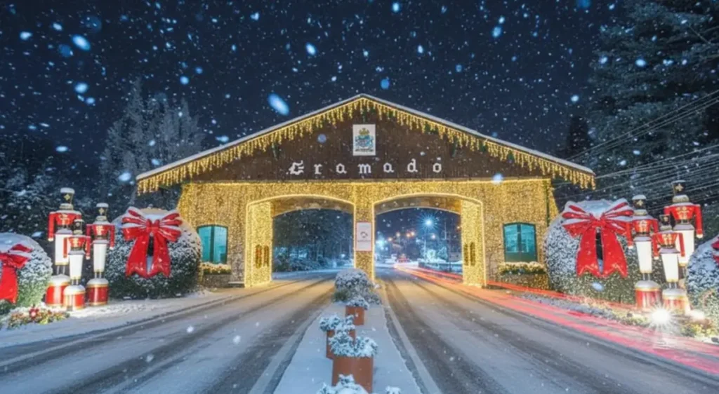 O portal de Gramado decorado no Natal Luz é um dos pontos mais fotografados da cidade