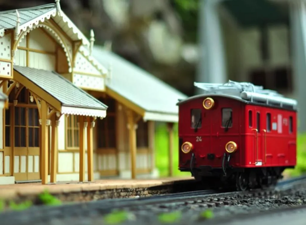 Trem em miniatura circulando pelos trilhos no Mini Mundo de Gramado próximo a estação ferroviária temática