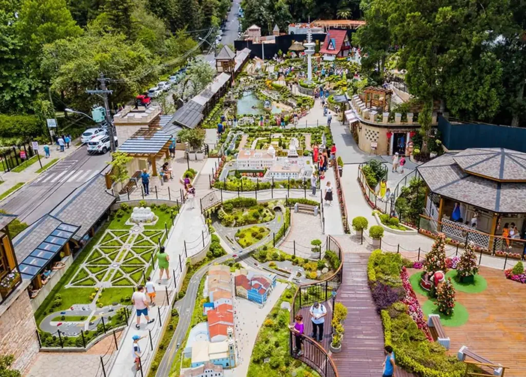 Vista aérea do parque Mini Mundo em Gramado mostrando miniaturas, jardins e visitantes caminhando pelo local