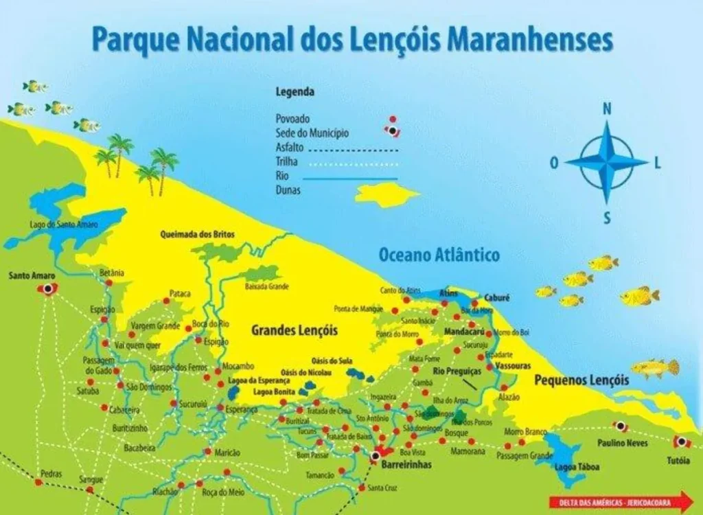 Mapa do Parque Nacional dos Lençóis Maranhenses destacando Barreirinhas, Santo Amaro e Atins.
