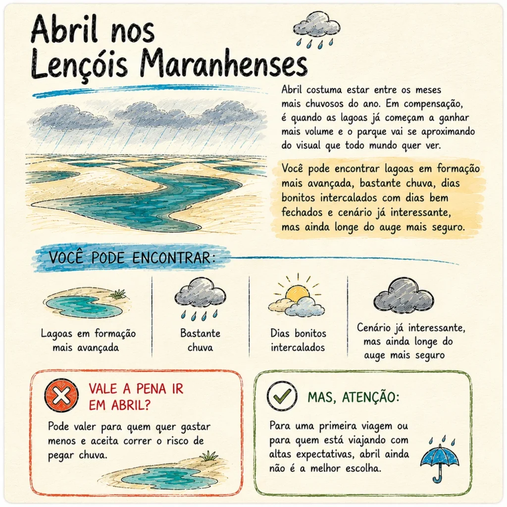 Abril nos Lençóis Maranhenses: resumo do mês com lagoas em formação mais avançada, bastante chuva e um cenário já interessante, embora ainda fora do auge mais seguro.