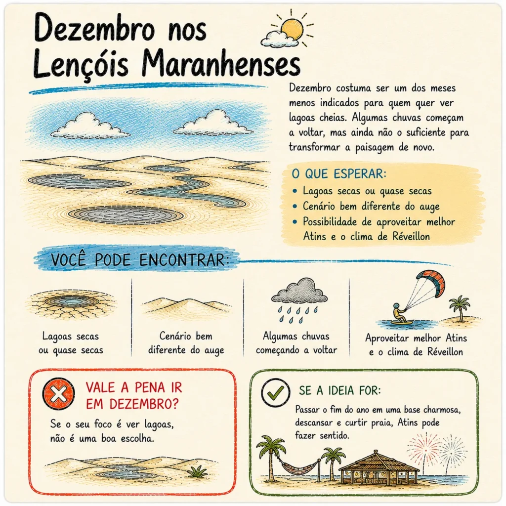 Dezembro nos Lençóis Maranhenses: visão geral do mês com lagoas secas ou quase secas, algumas chuvas voltando e maior apelo para Atins e Réveillon.