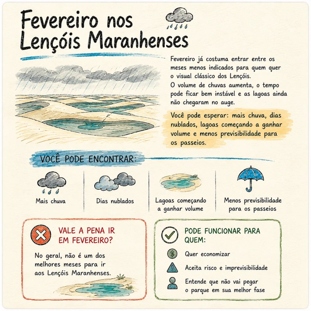 Fevereiro nos Lençóis Maranhenses: panorama do mês com mais chuva, lagoas começando a ganhar volume e menor previsibilidade para os passeios.