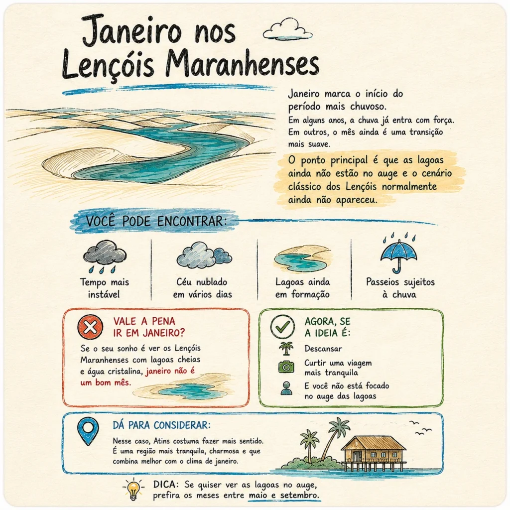 Janeiro nos Lençóis Maranhenses: resumo visual do que esperar no parque em janeiro, com foco em clima mais instável, lagoas ainda em formação e passeios sujeitos à chuva.