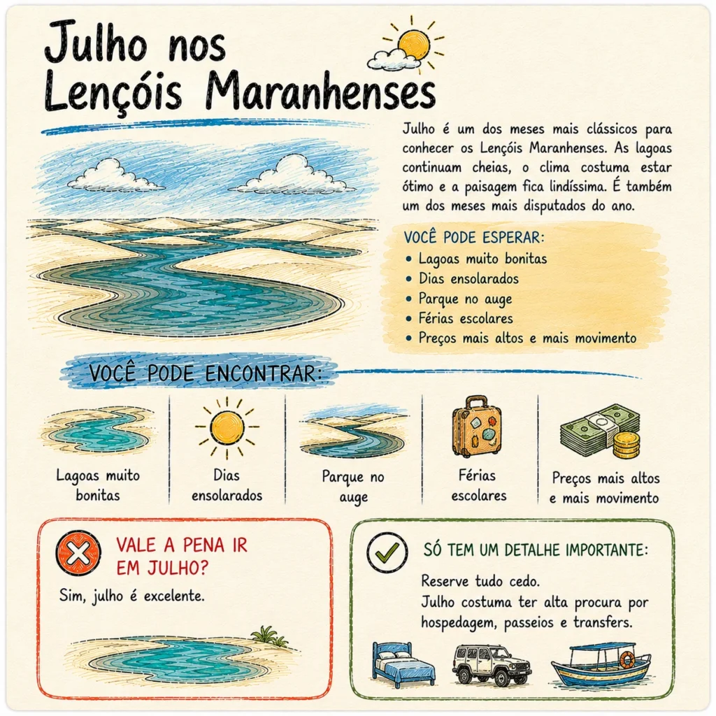 Julho nos Lençóis Maranhenses: resumo de um dos meses mais clássicos para visitar o parque, com lagoas muito bonitas, clima ótimo e alta procura.