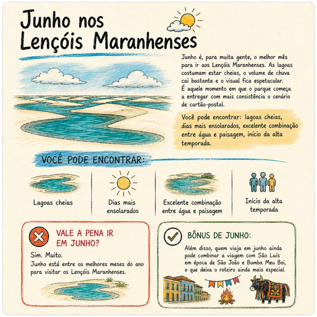 Junho nos Lençóis Maranhenses: visão do mês em que as lagoas costumam estar cheias, com dias mais ensolarados e excelente combinação entre água e paisagem.