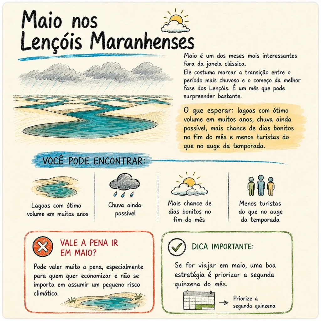 Maio nos Lençóis Maranhenses: guia visual do início da melhor fase, com lagoas em ótimo volume em muitos anos, chance de chuva e menos turistas.