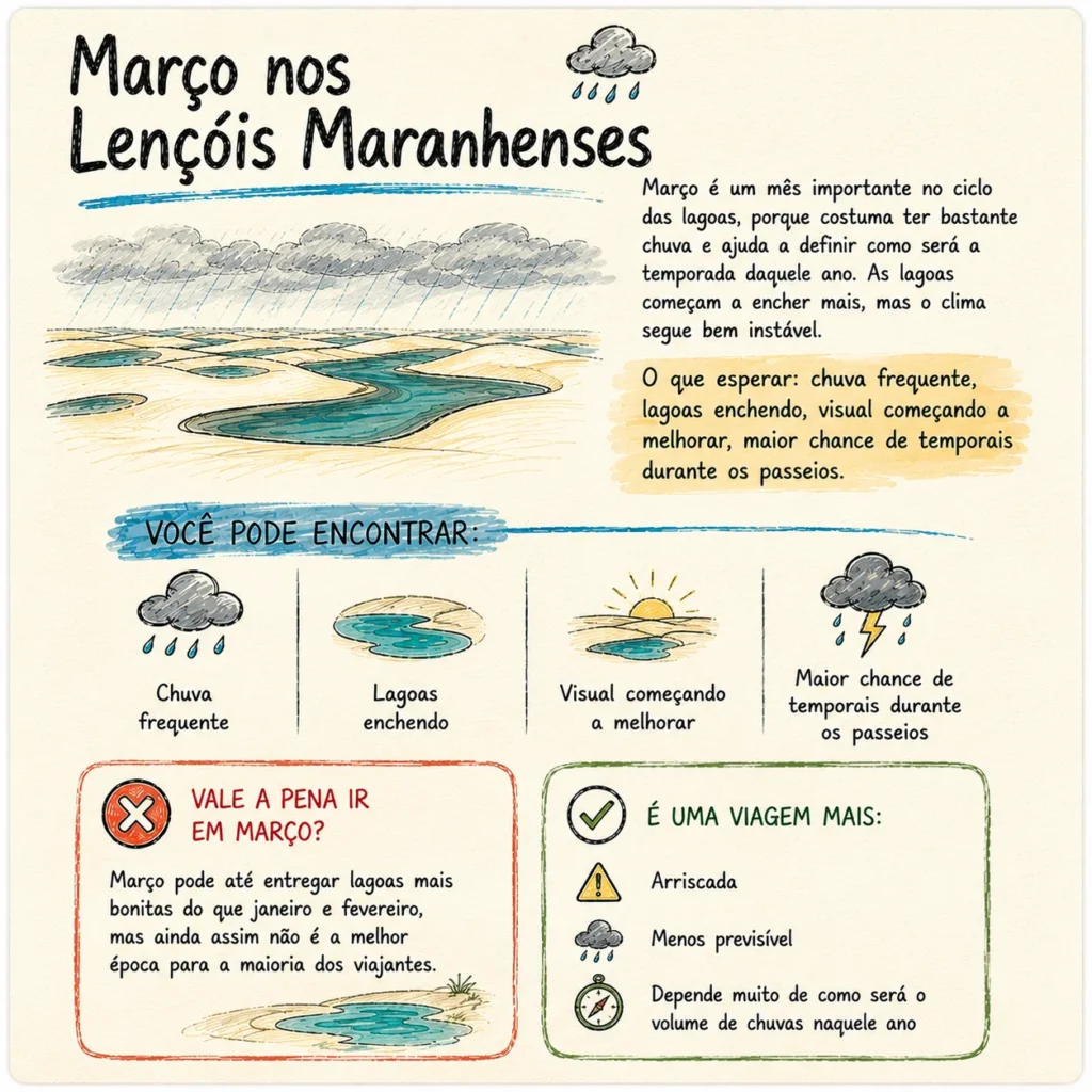 Março nos Lençóis Maranhenses: visão geral do período com chuva frequente, lagoas enchendo e cenário começando a melhorar, mas ainda com risco climático.