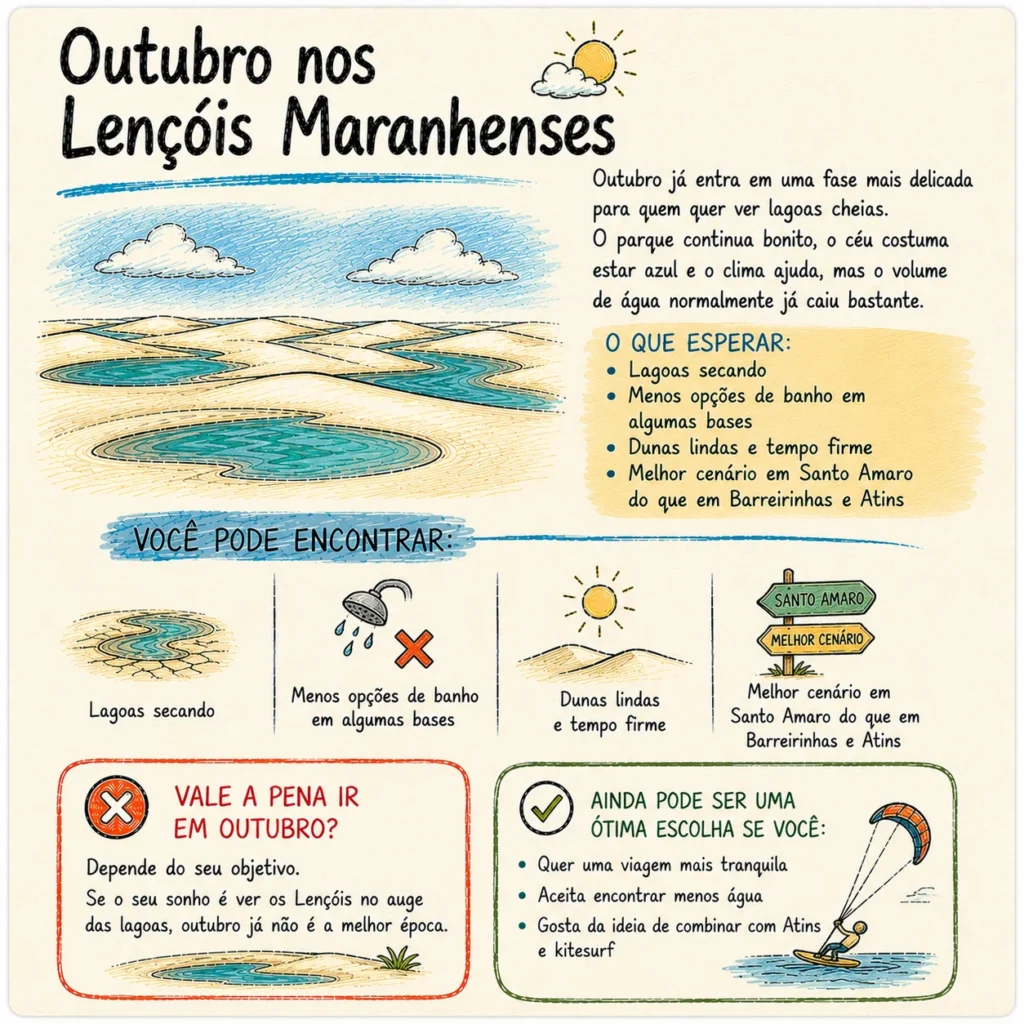 Outubro nos Lençóis Maranhenses: resumo do início da fase mais delicada para quem quer ver lagoas cheias, com lagoas secando, dunas lindas e tempo firme.