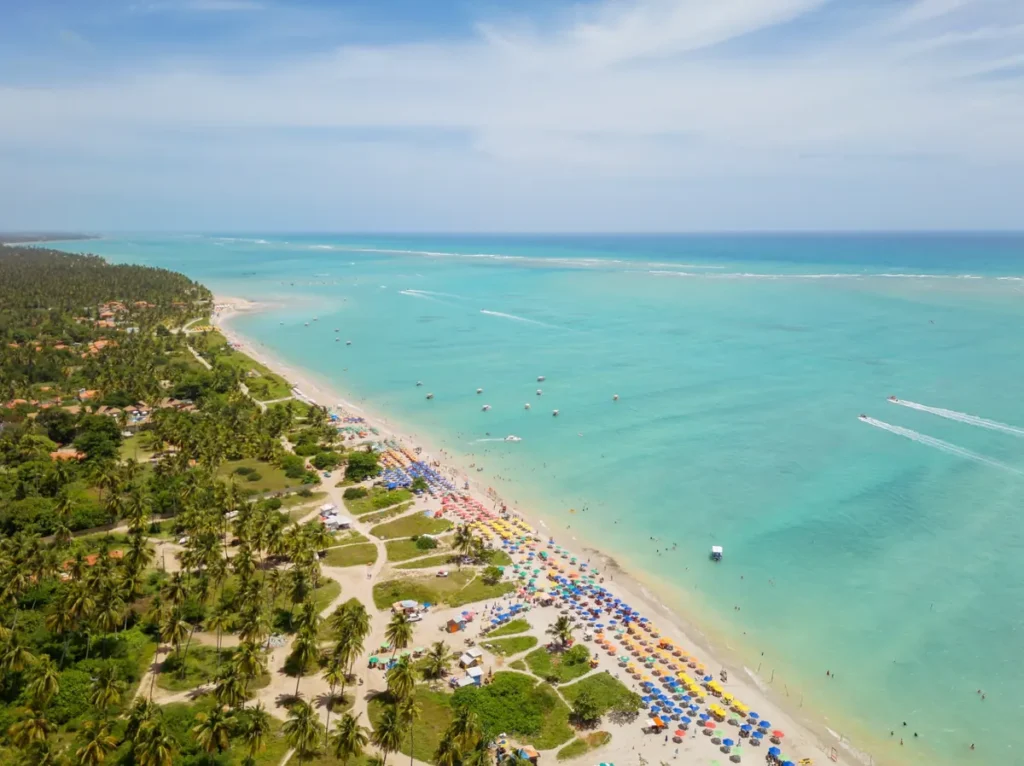 Vista aérea de praia com coqueiros, guarda-sóis coloridos e mar azul em Maragogi
