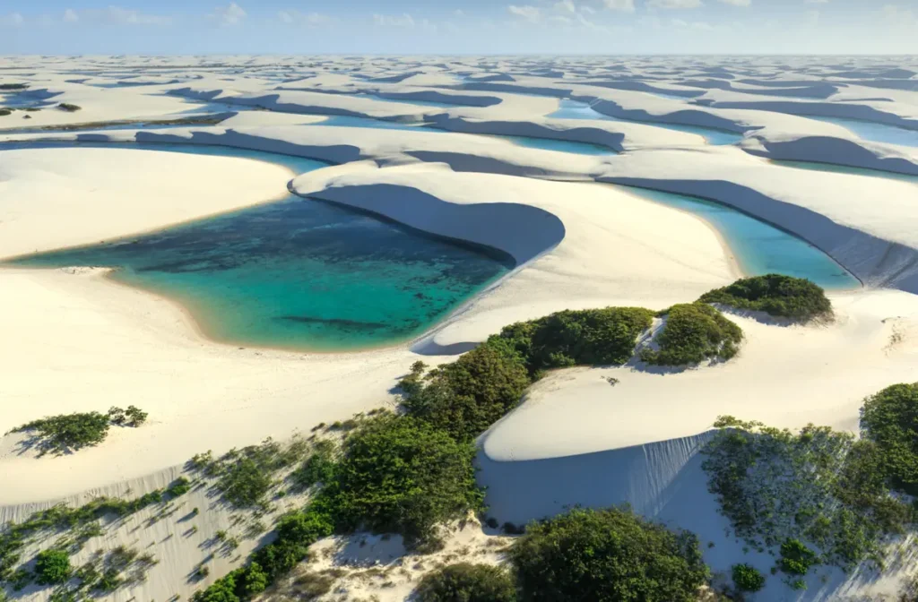 Vista aérea revela o contraste entre as dunas brancas e as lagoas dos Lençóis Maranhenses.